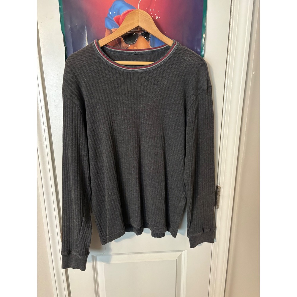 Mens Charcoal Gray Ribbed Thermal Long Sleeve Shirt Crew Neck Striped Trim XL